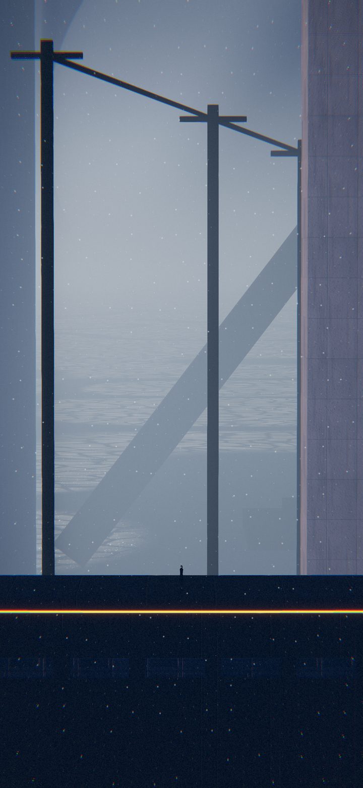 Grey daylight over an ice shelf, masts leading away from a vast flank of stone