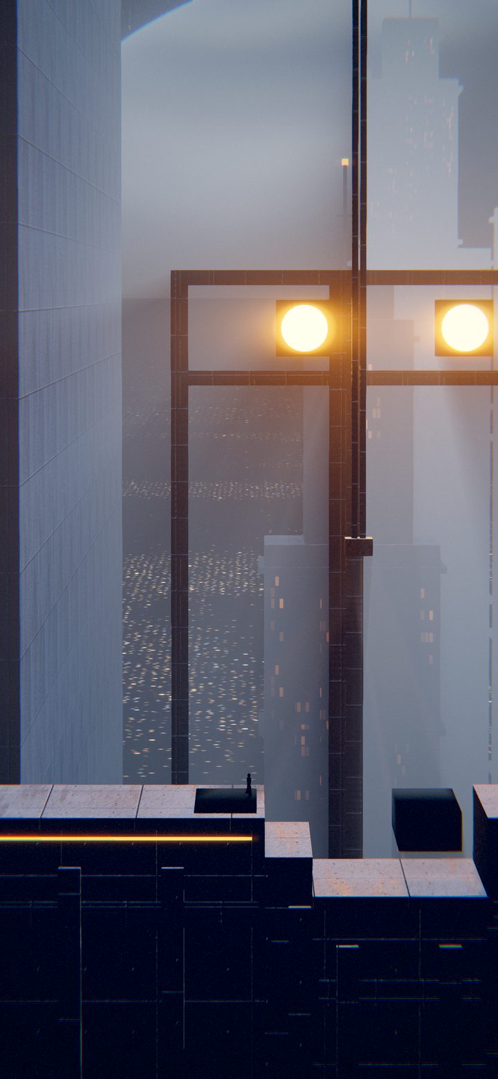 A great opening in a machine hall looking out over a city at night