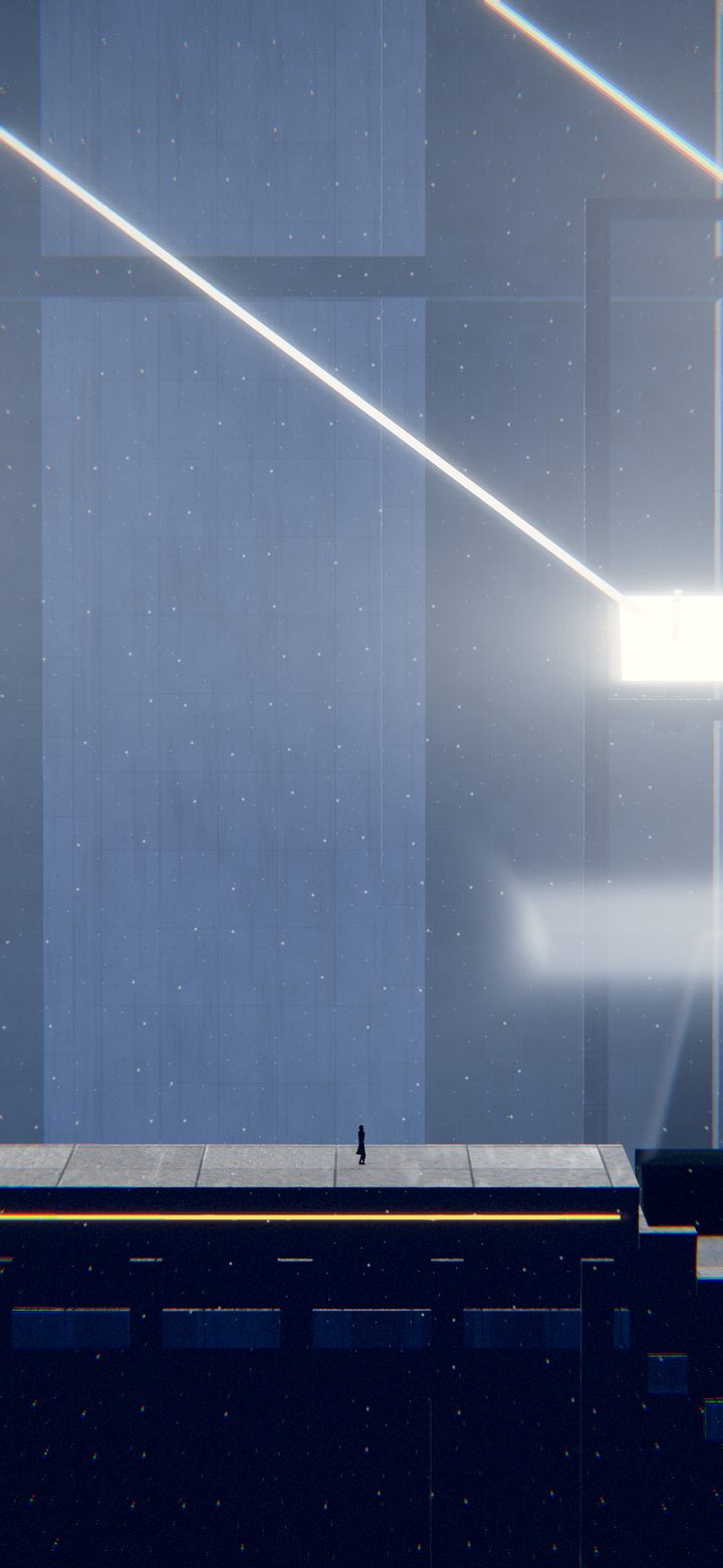 Two mirrors throwing rays of sunlight across a blue wall in falling snow