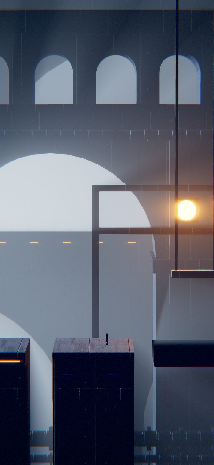 A tiny silhouette on a shadow bridge under a tungsten lamp, between colossal concrete arches