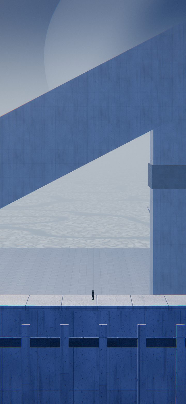Long blue shadows of a giant sundial blade across white stone and ice