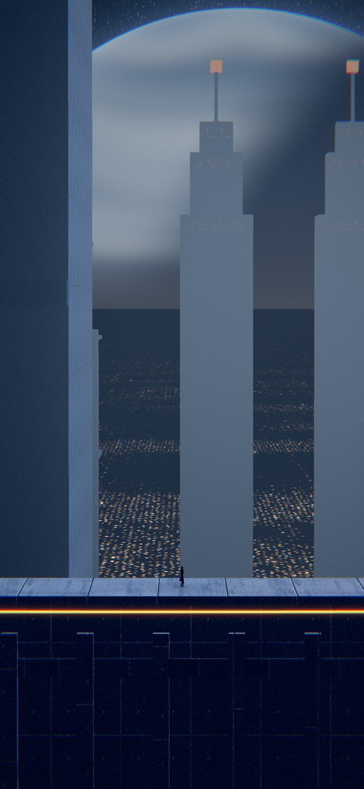Twin beacon towers against a huge planet, city lights far below